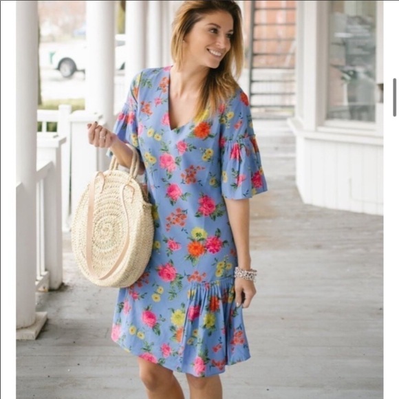 Ann Taylor Shift Dress Blue Floral Flounce Size 2 - Picture 3 of 12